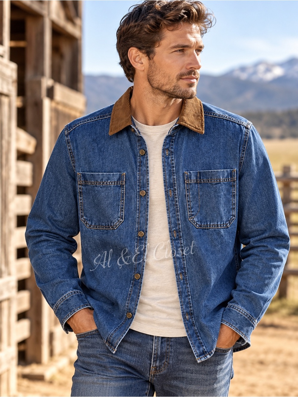 FRYE Barn Shacket Medium Wash Denim Corduroy Collar Men’s Size L NWT